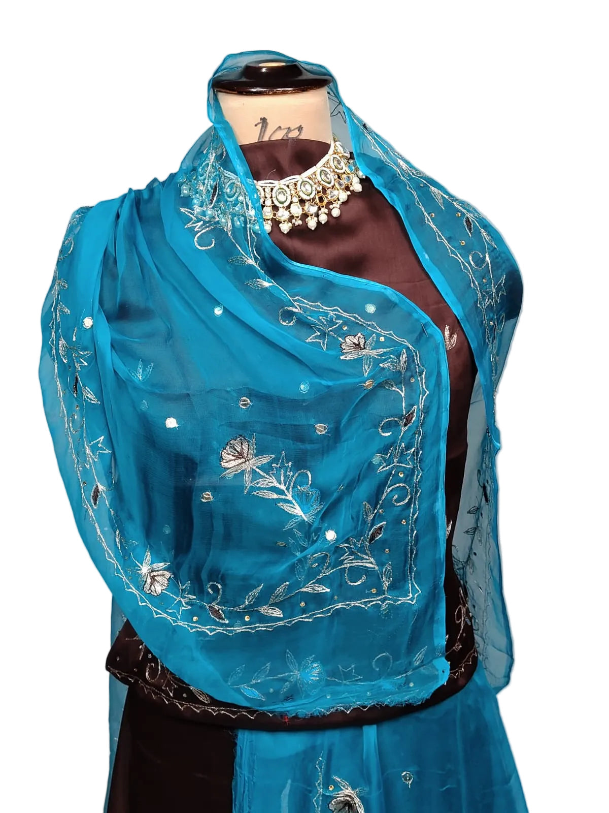 Rajputi Dress - Natural Crepe Pure Fabric With Zari Work - Brown With Sky Blue Tora Odhni