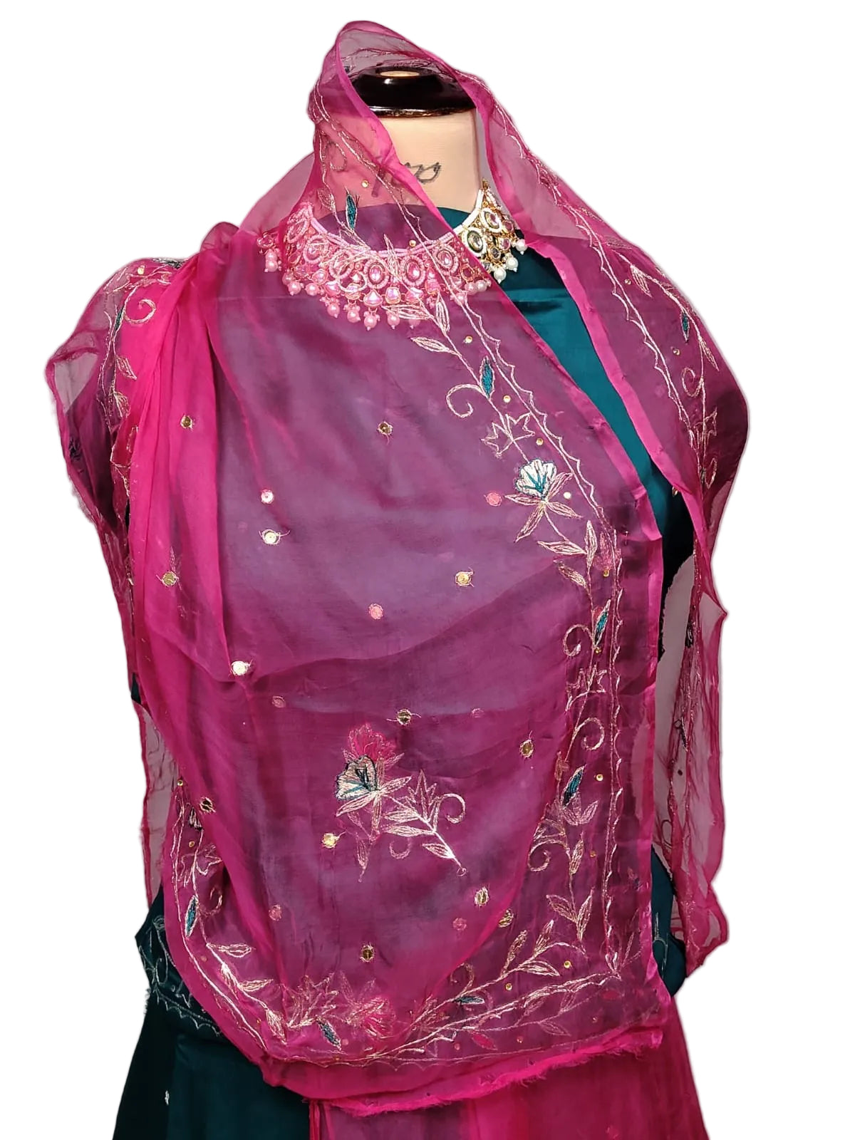 Rajputi Dress - Natural Crepe Pure Fabric With Zari Work - Teal Green With Rani Pink Tora Odhni