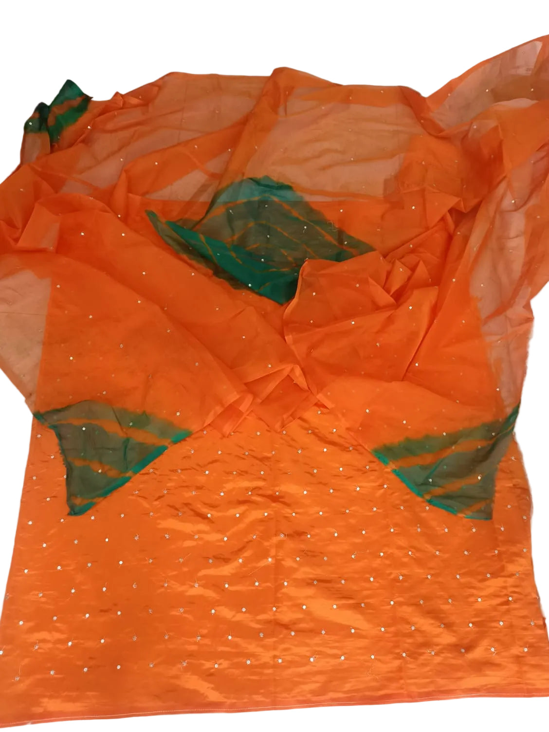 Rajputi Dress - Jaam Cotton Mukesh Tari Work Suit with Humrahi Odhni - Orange With Green Odhni Traditional Rajasthani Ethnic Wear