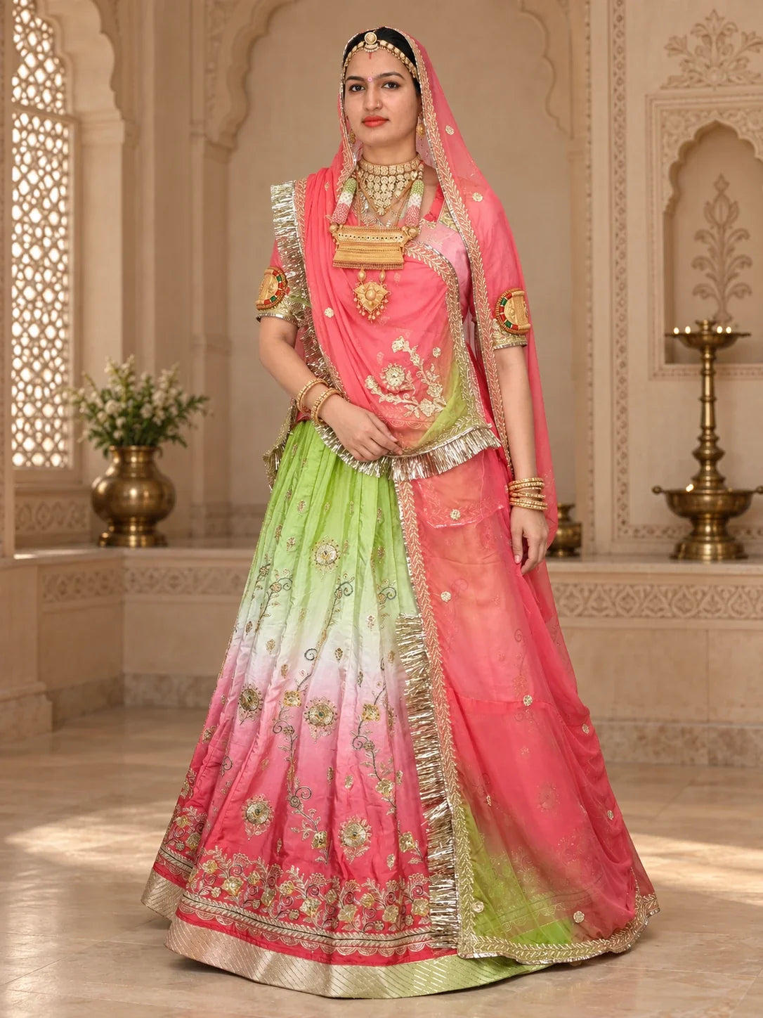 Green & Pink Ombre Rajputi Poshak in Crepe Fabric | Zardoji & Sequin Work Traditional Bridal Dress