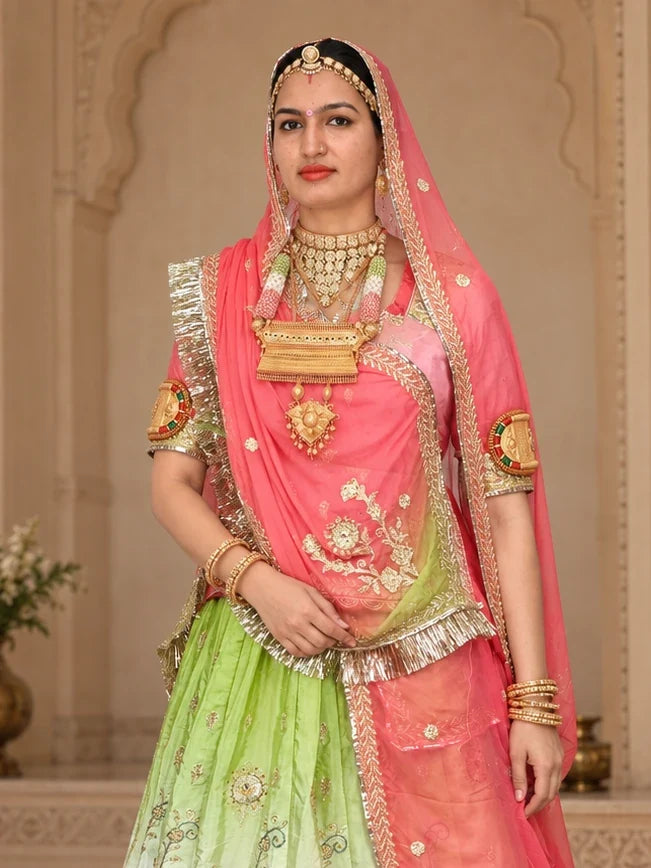 Green & Pink Ombre Rajputi Poshak in Crepe Fabric | Zardoji & Sequin Work Traditional Bridal Dress