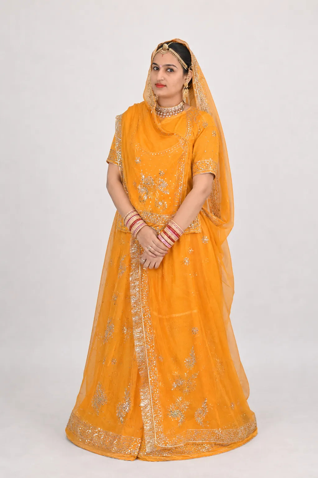 Mustard Yellow Khuli Bunti Rajputi Poshak with Thakurji Pure Odhni | Natural Crepe Fabric | Heavy Zardoji Work | Traditional Rajasthani Bridal Wear