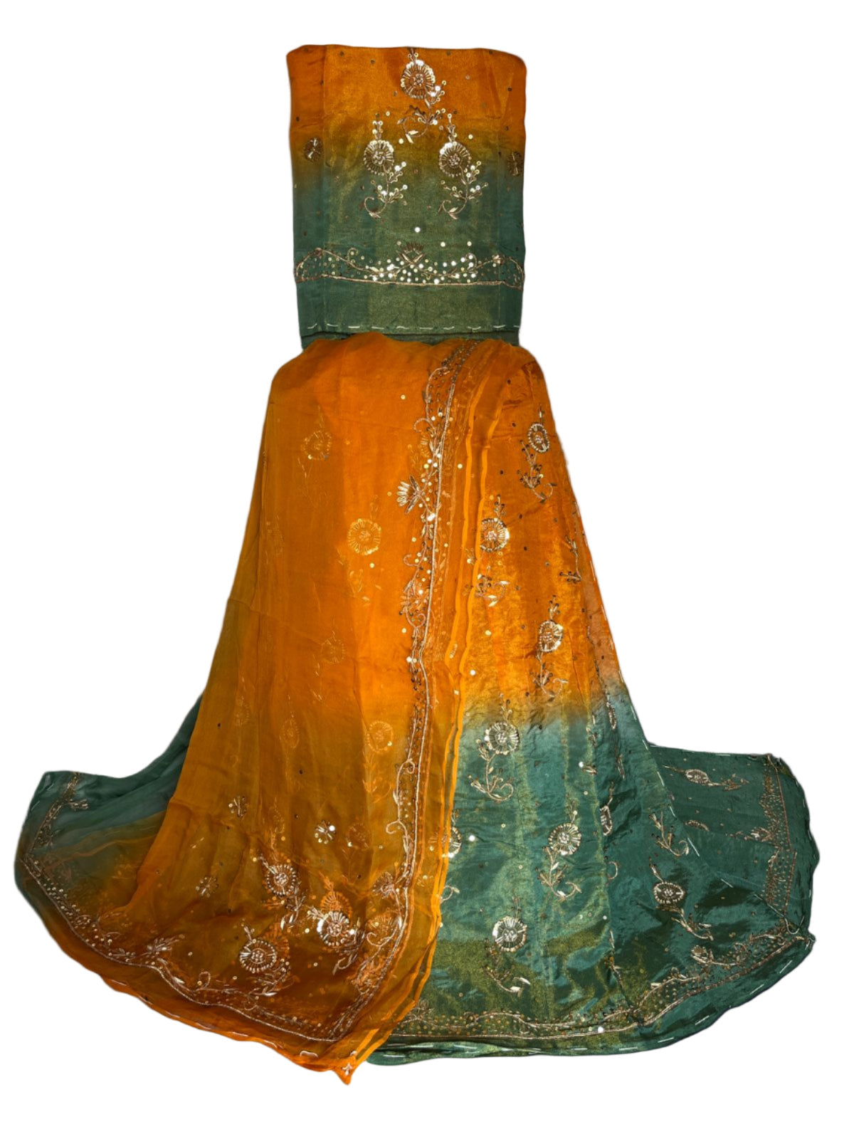 Mehndi Green & Orange Rajputi Poshak – Tissue Fabric with Zardozi, Zari & Thread Work | Thakur Ji Pure Odhni