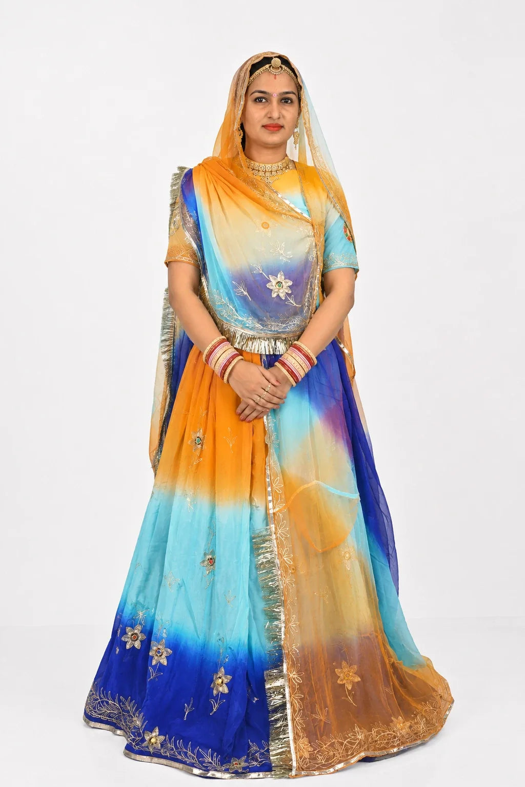 Premium Shaded Zari Work Rajputi Poshak in Natural Crepe Fabric | Mustard Yellow, Aqua Blue & Royal Blue Traditional Dress